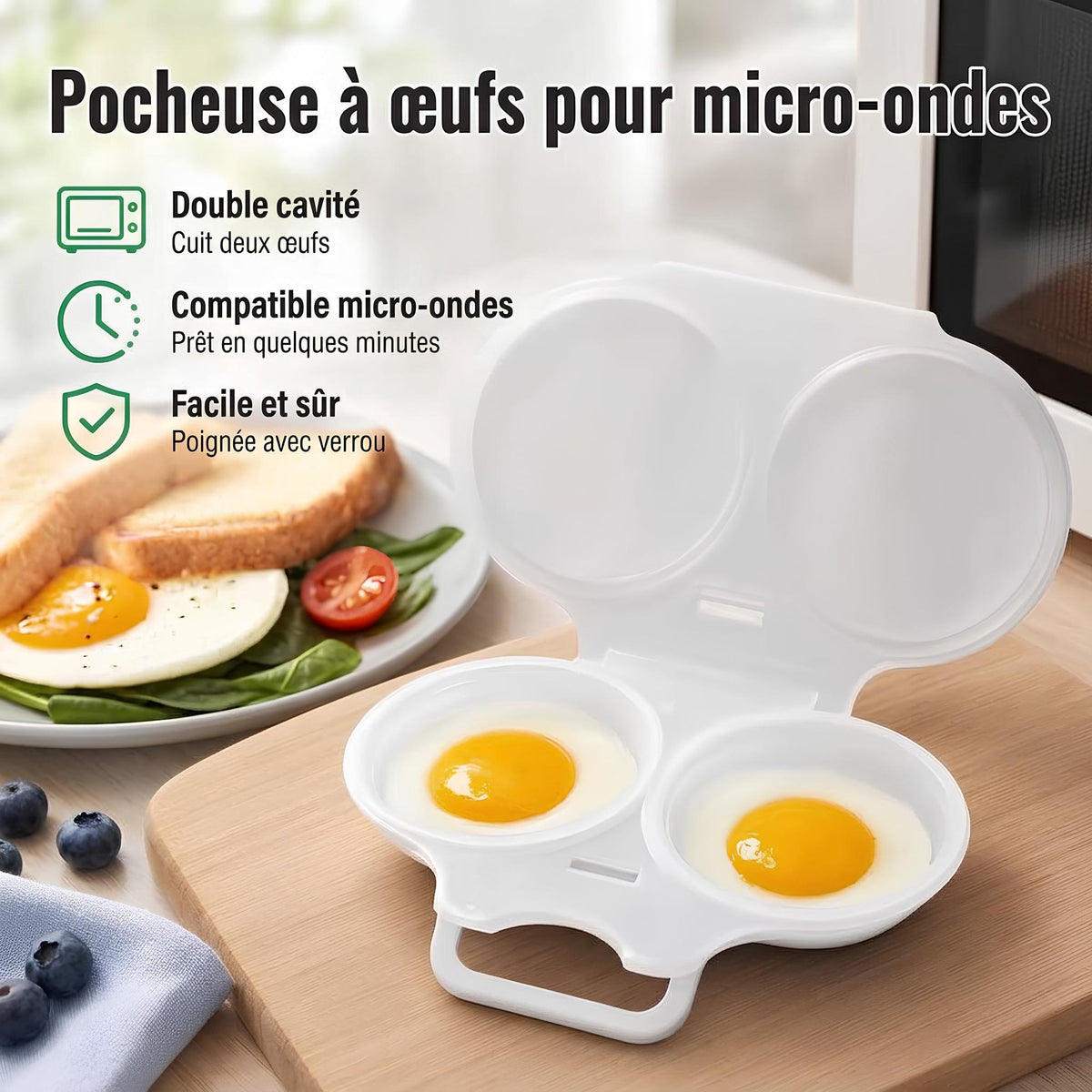 Pocheuse à œufs pour micro-ondes : double cavité, prêt en quelques minutes, facile et sûr